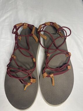 Teva Women's Burgundy Lace-Up Rope Sandals with Tan Leather Accents
